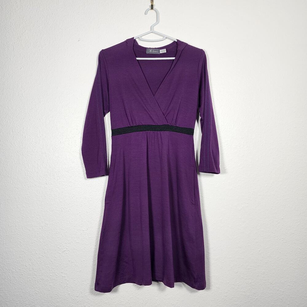 Ibex Indie Hooded Dress Purple Zque Merino Wool with Pockets Plum Charcoal XS
